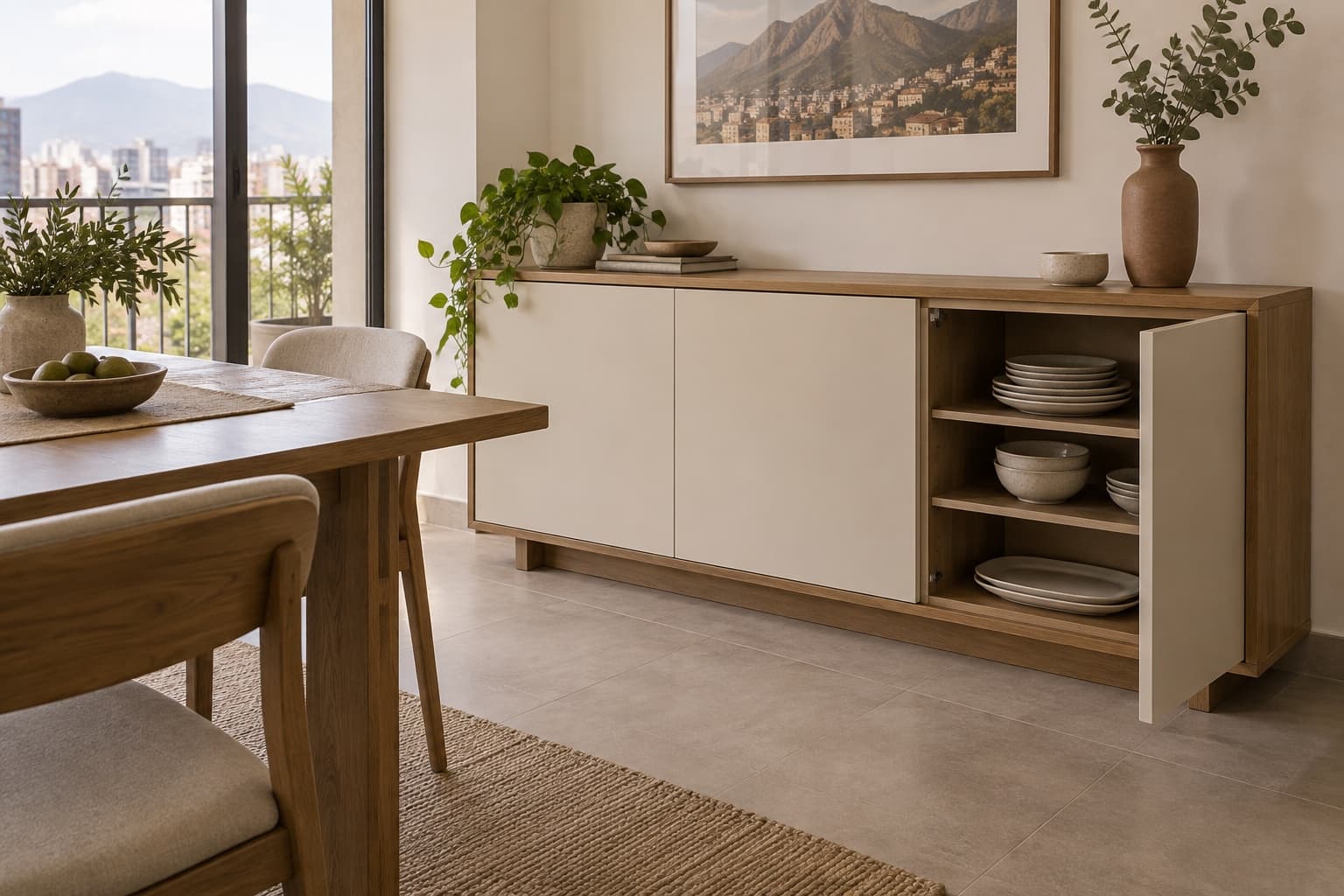 Aparador bajo de melamina roble y crema con vajilla organizada junto a un comedor compacto