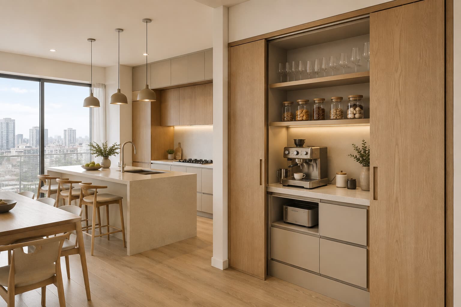 Cocina abierta en Lima con bantry de melamina a medida, puertas pocket, cafetera, cristaleria y almacenamiento oculto en tonos roble miel y arena