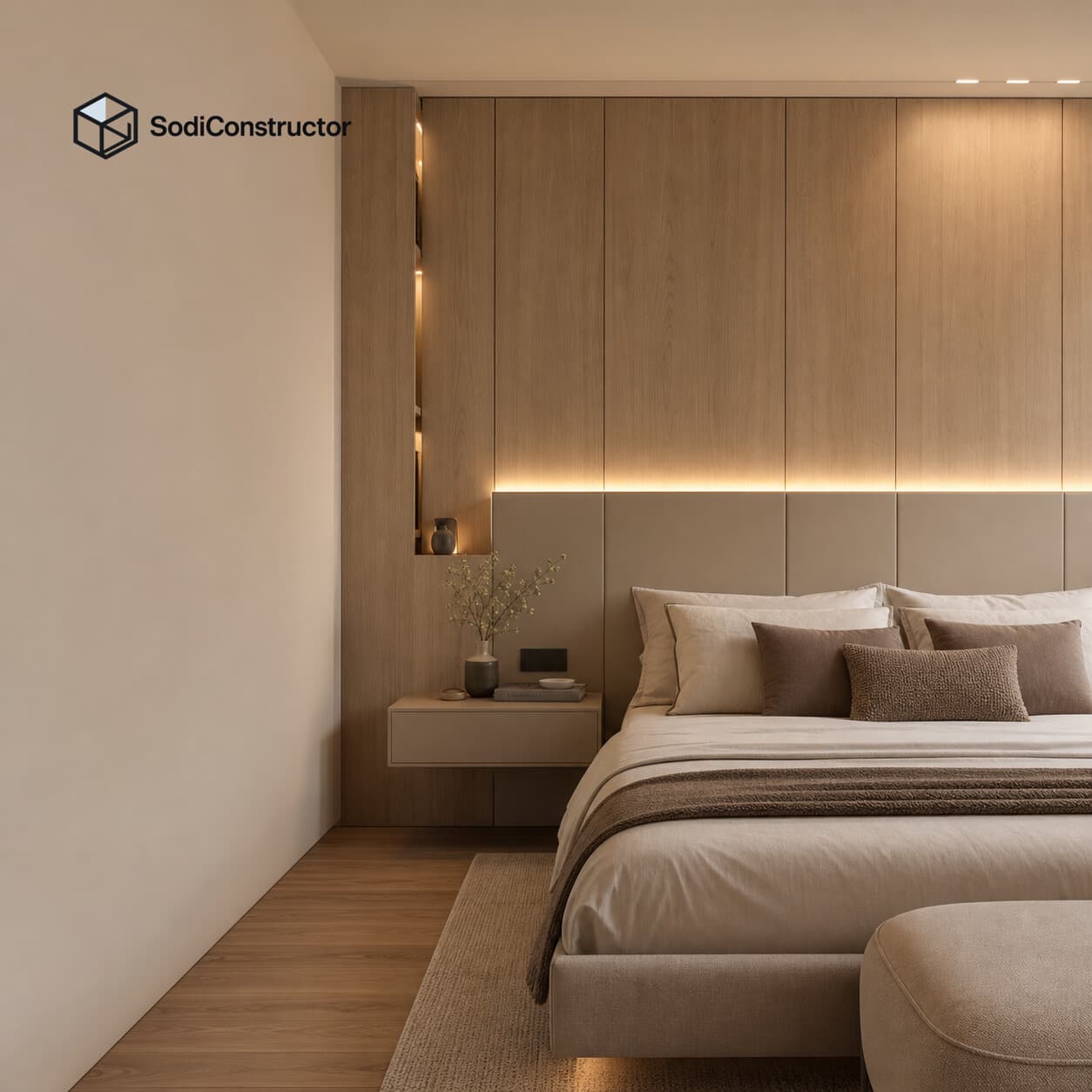 Dormitorio moderno con cabecera integrada de melamina y veladores flotantes