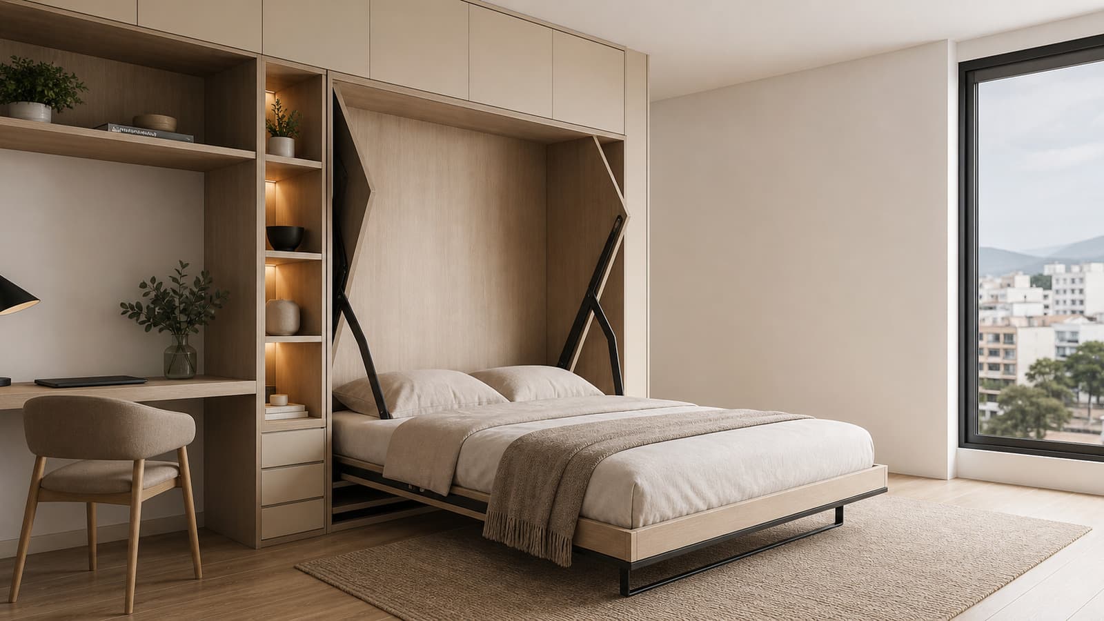 Dormitorio multifuncional con cama abatible de melamina abierta, escritorio lateral y almacenamiento integrado