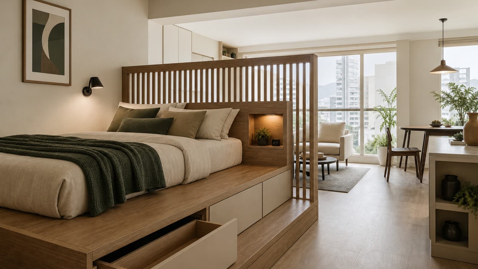 Minidepartamento moderno en Lima con cama plataforma divisoria de melamina, cajones inferiores y respaldo bajo que separa dormitorio y sala sin bloquear la luz
