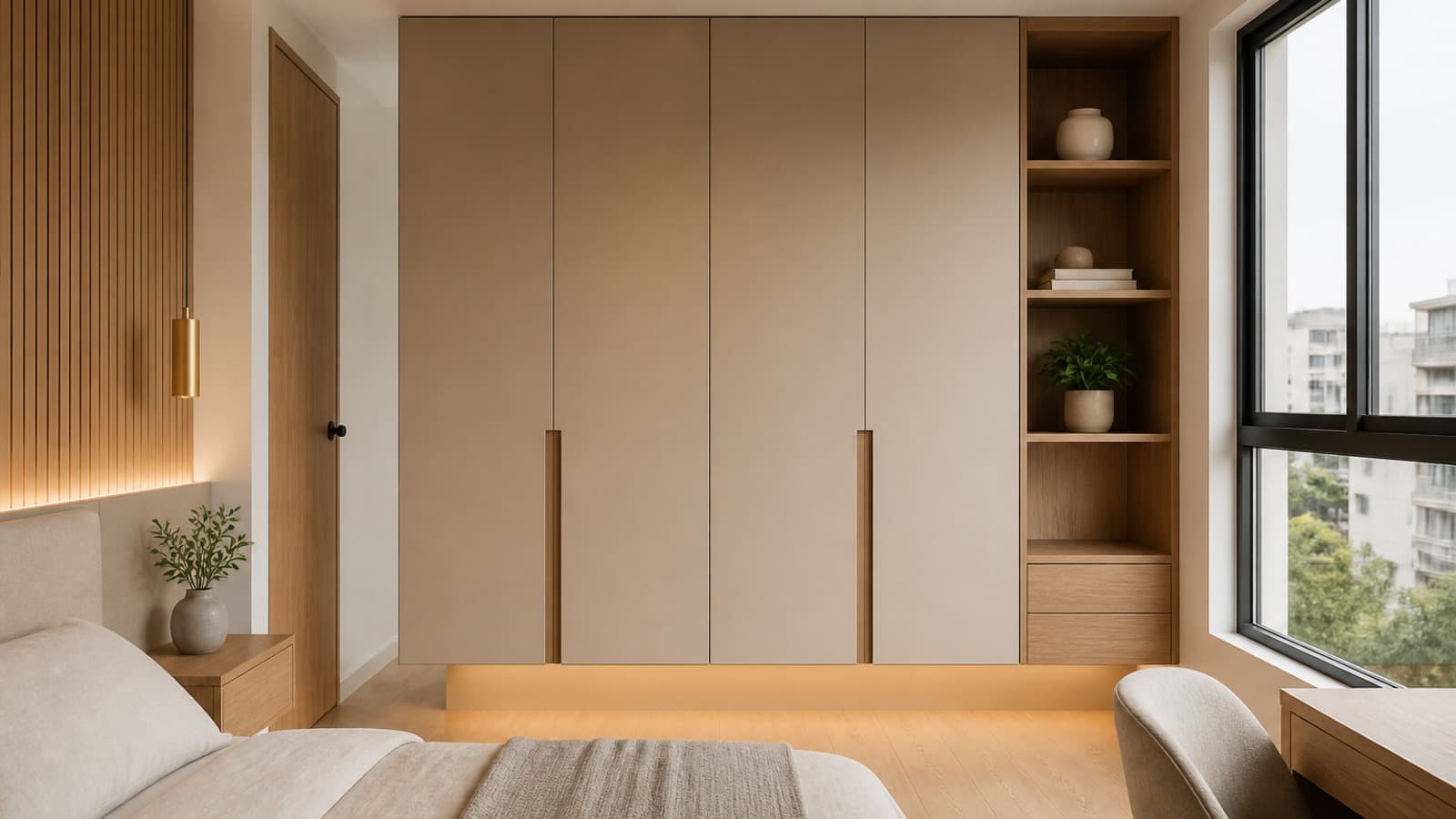 Dormitorio pequeño en Lima con closet flotante de melamina en arena mate y roble cálido, iluminación inferior y sensación visual ligera