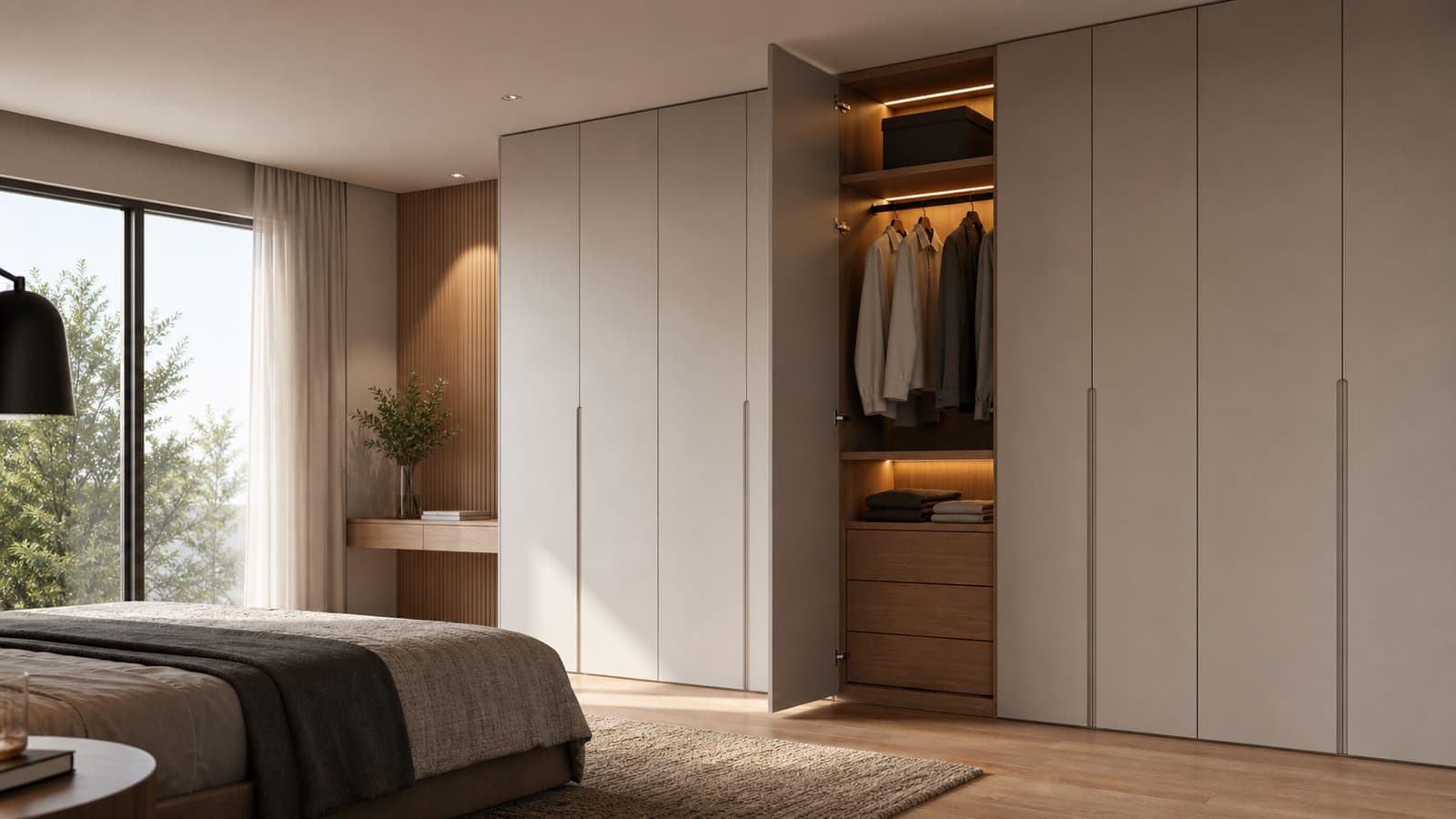 Closet empotrado de melamina en tonos greige y madera con iluminación LED interior cálida activada al abrir una puerta