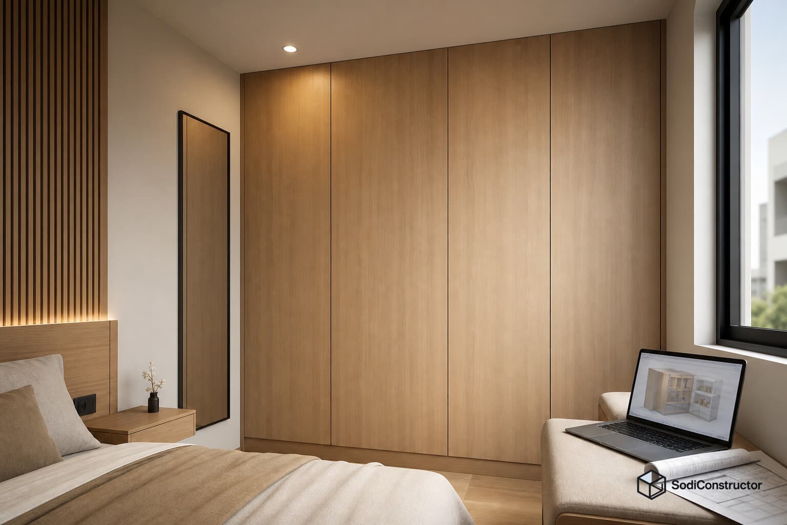 Dormitorio pequeño con closet de melamina de piso a techo y laptop con diseño 3D