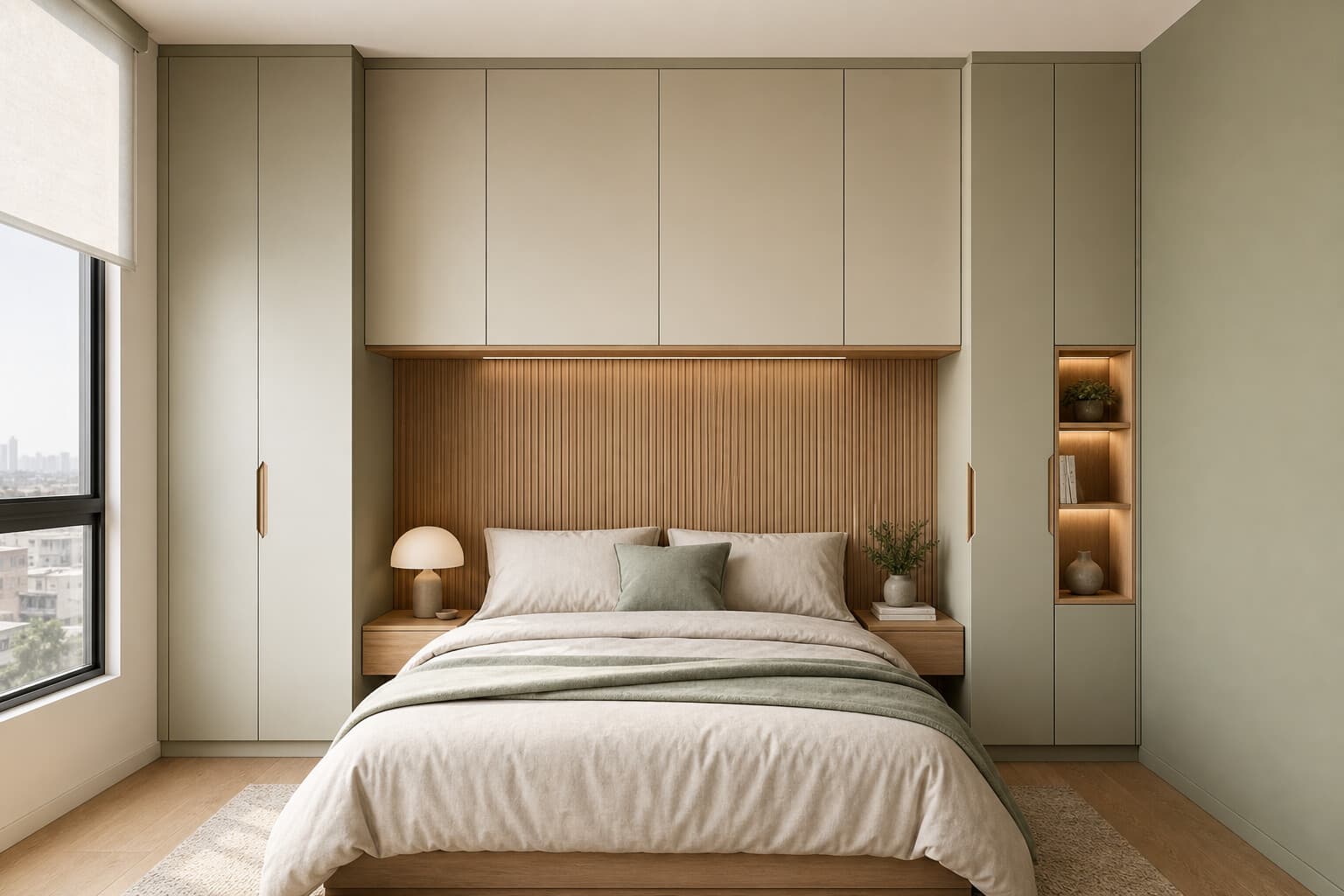 Dormitorio pequeño en Lima con closet puente de melamina en tonos arena y salvia suave, cama integrada y módulos hasta techo