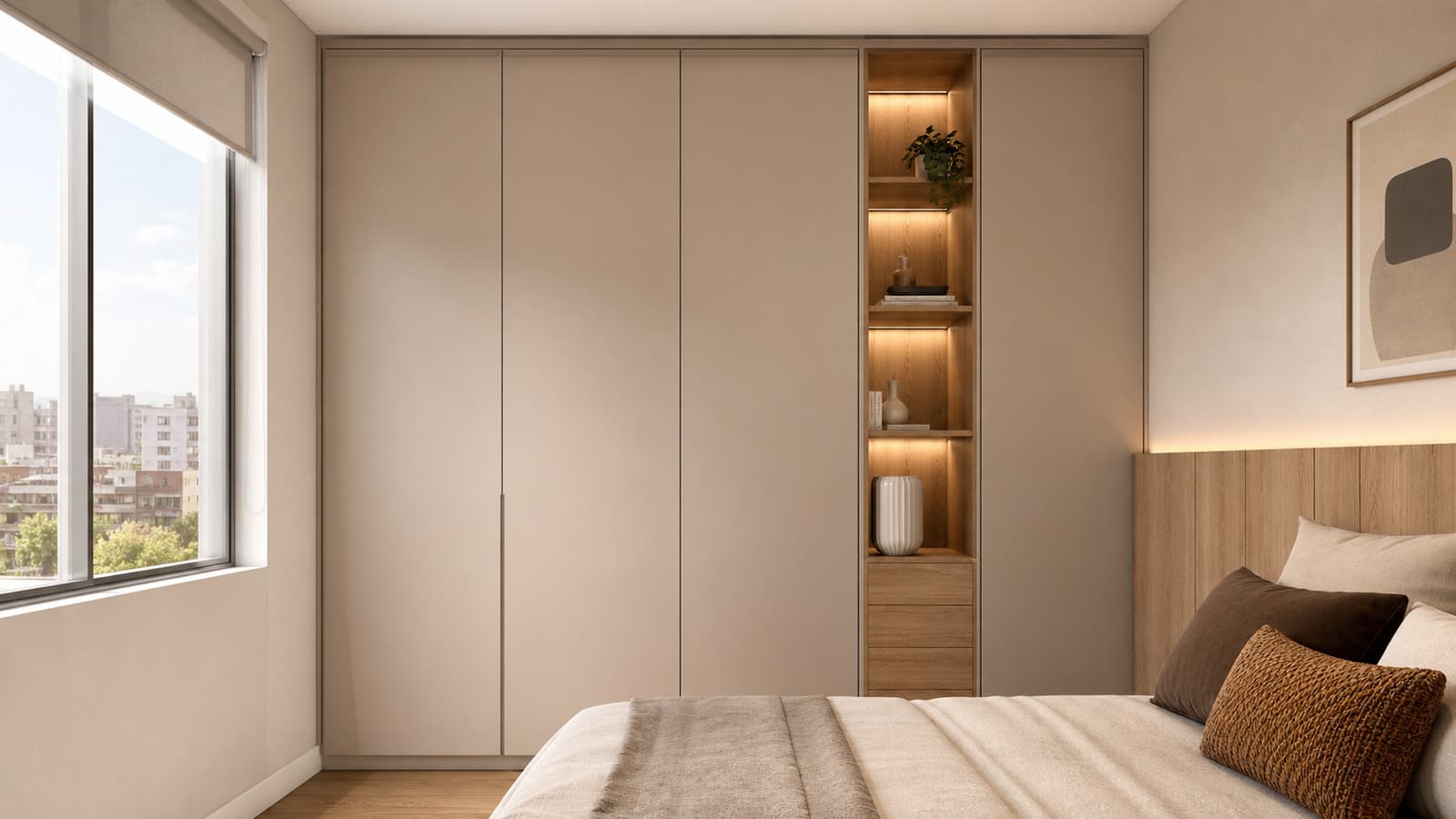 Dormitorio pequeño en Lima con closet de melamina de piso a techo en tonos arena y madera cálida, frentes limpios e interior bien organizado