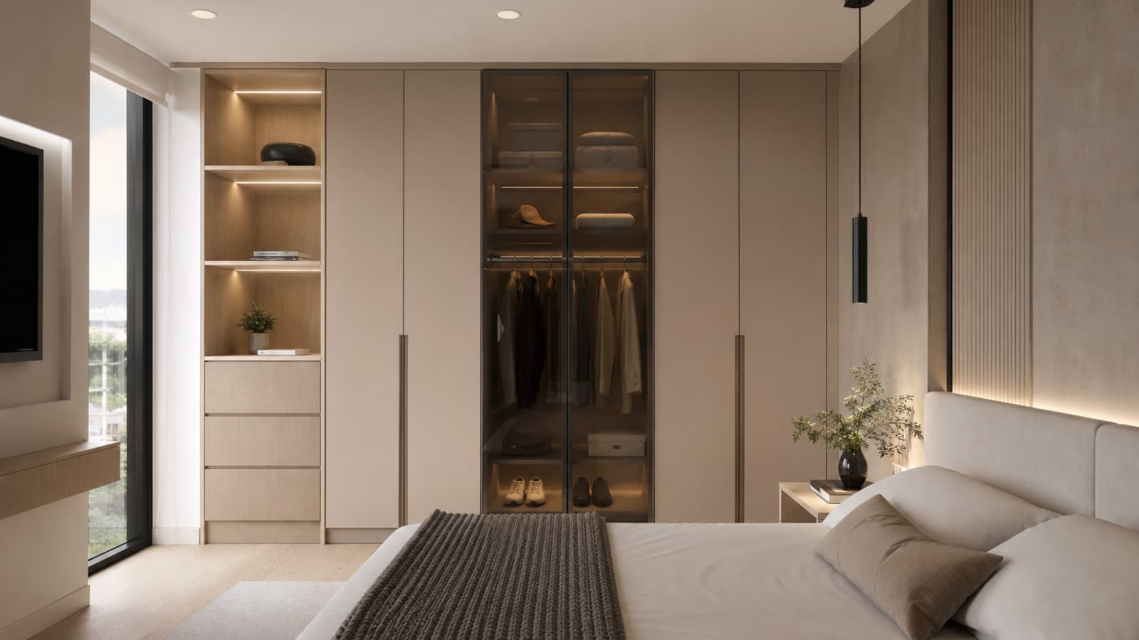 Closet de melamina con vidrio humo en dormitorio principal de Lima, con frentes lisos greige, LED interior y composicion limpia de piso a techo