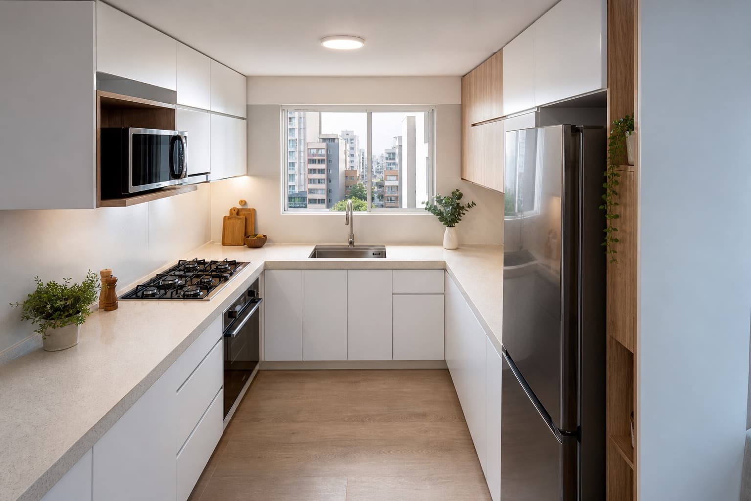 Cocina en U compacta de melamina blanca con acentos de madera en departamento moderno de Lima