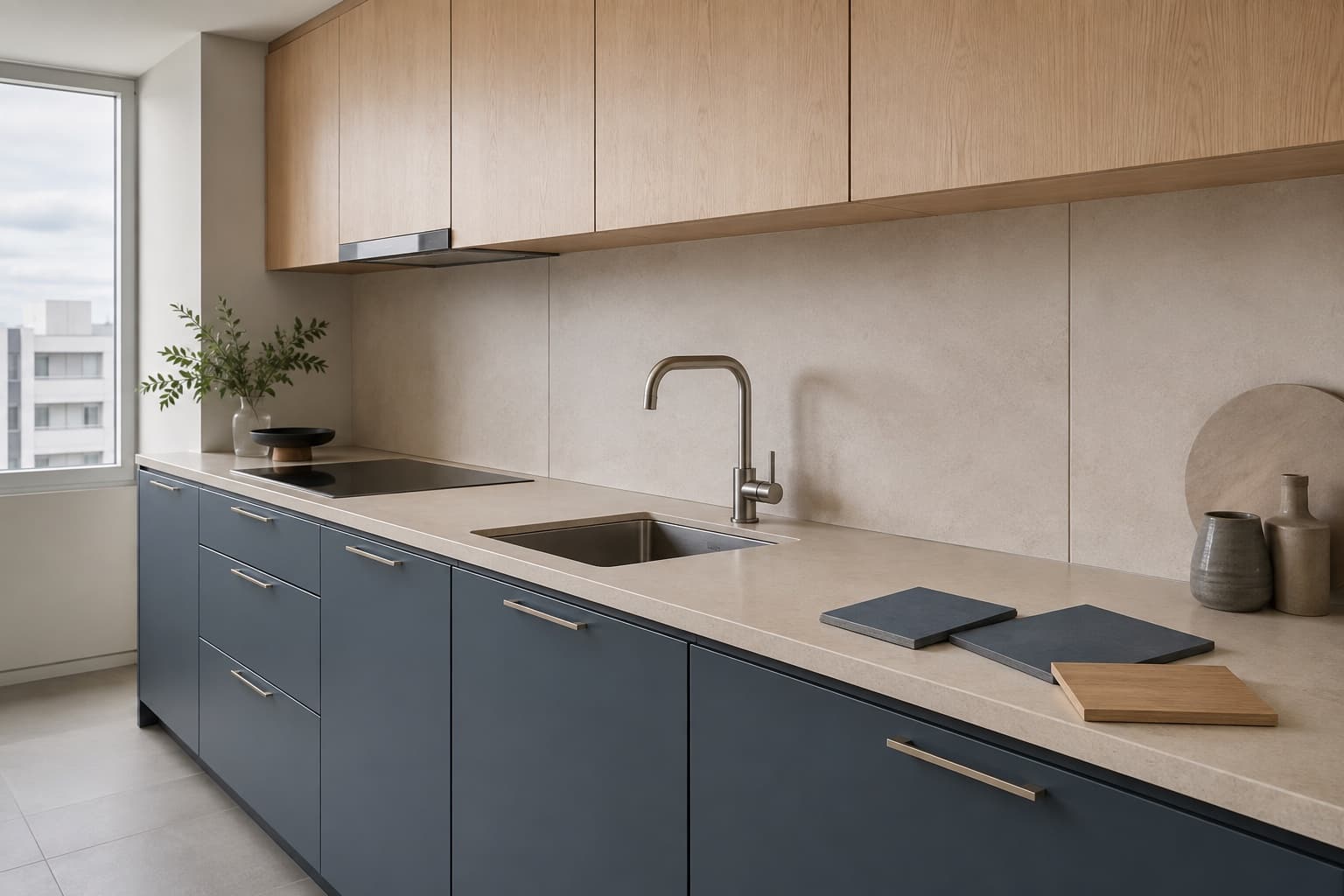 Cocina azul pizarra con muebles altos de roble y muestras de materiales sobre la encimera