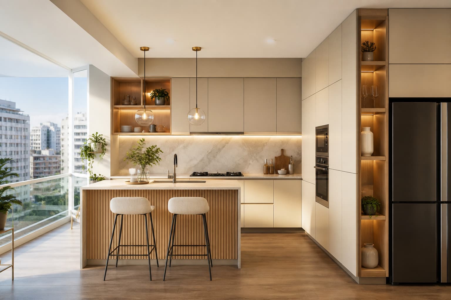 Cocina de melamina a medida en un departamento moderno de Lima con gabinetes cashmere y mantequilla, isla texturizada y detalles de madera calida