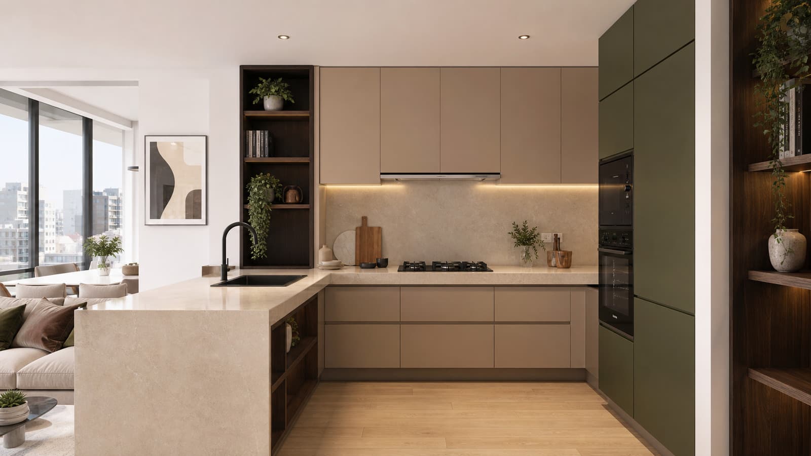 Cocina abierta de melamina en Lima con base greige cálida, columna oliva profunda y acentos espresso mate
