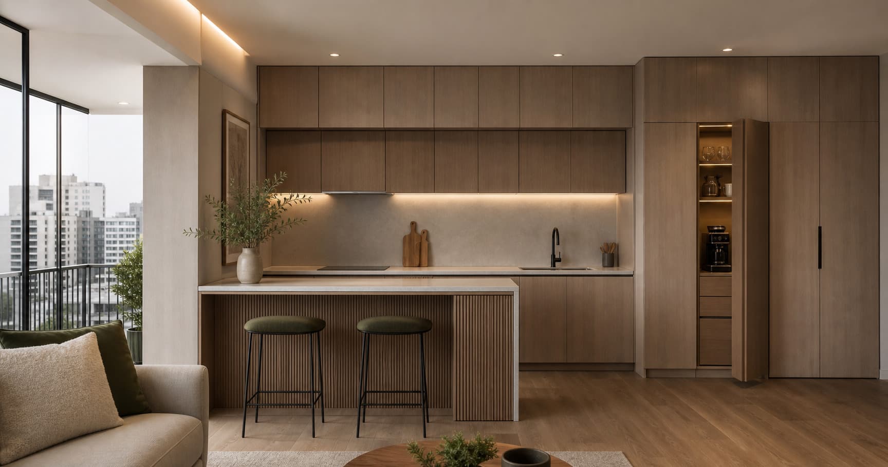 Cocina invisible de melamina con isla listonada, panelado continuo y cafetera escondida en un departamento moderno de Lima