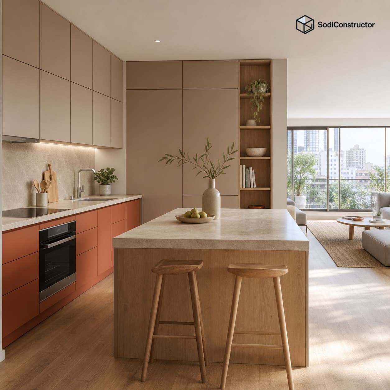 Cocina moderna con muebles de melamina en terracota suave, isla de madera clara y luz natural
