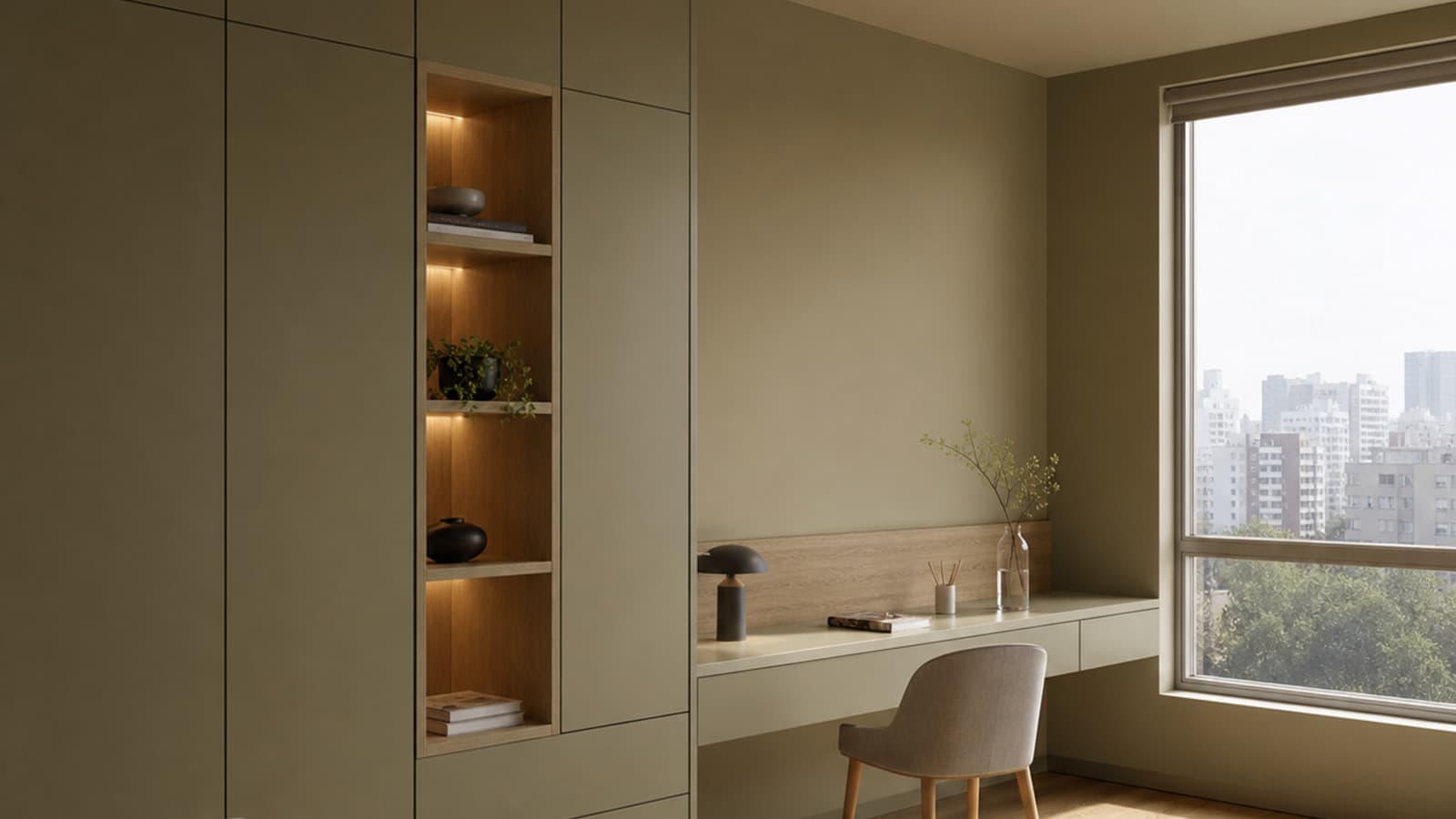 Ambiente compacto con almacenamiento integrado, muros oliva arena y muebles de melamina en la misma familia cromatica