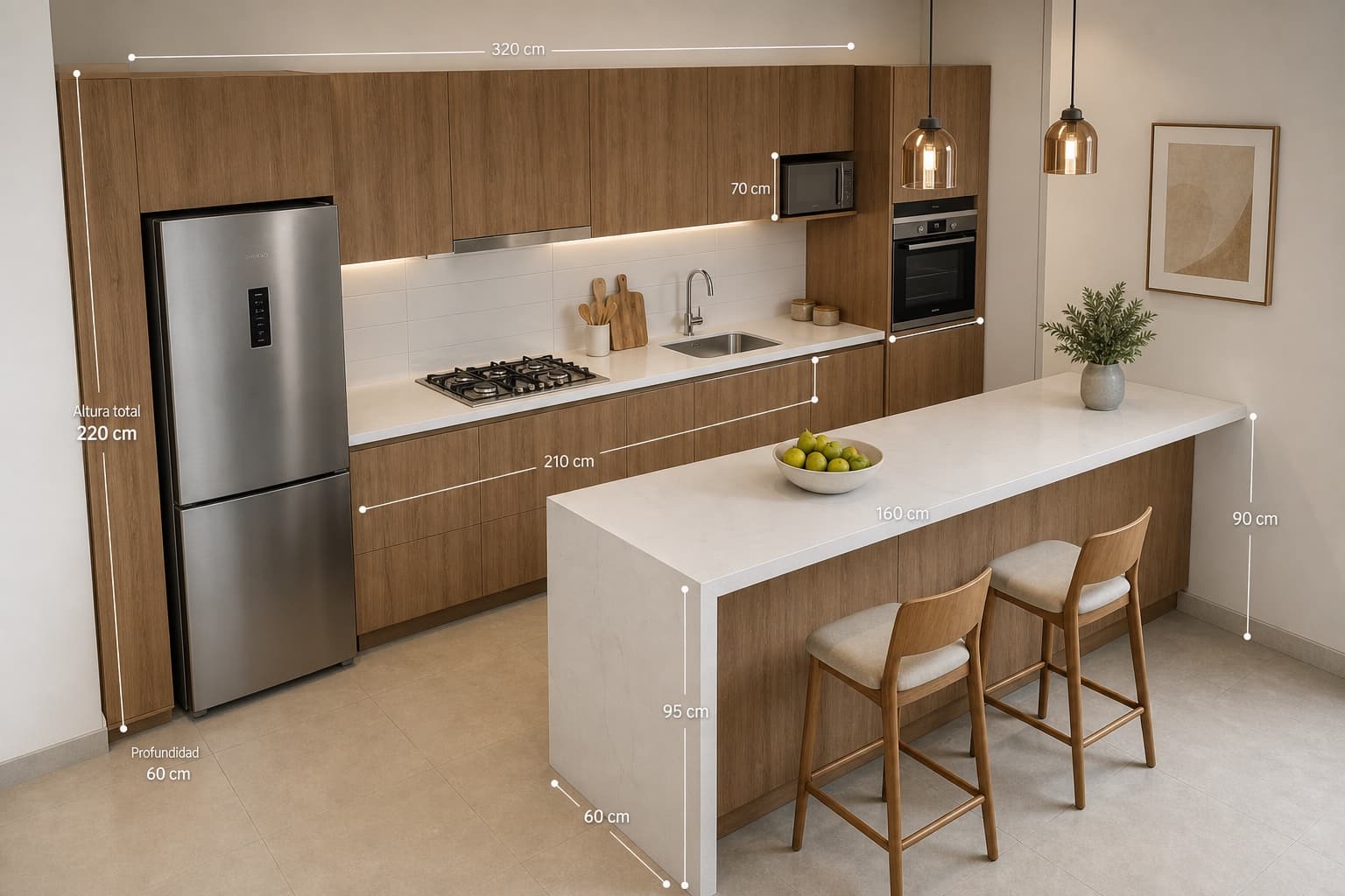 Cocina lineal de melamina maderada en departamento moderno de Lima con muebles altos y bajos