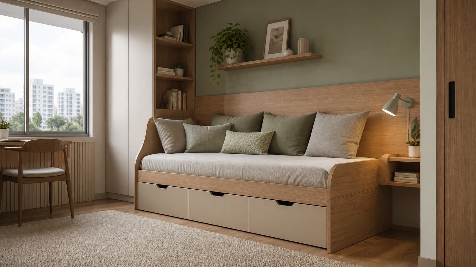 Cuarto flex en Lima con daybed de melamina, cajones inferiores, respaldo integrado y acabados cálidos