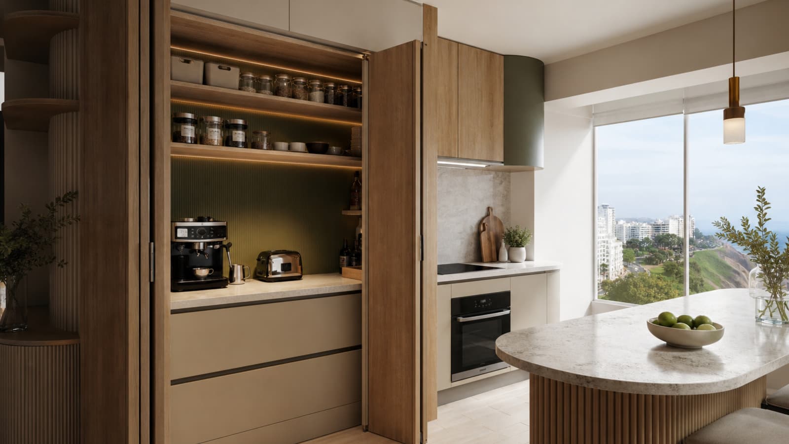 Cocina moderna en Lima con despensa oculta de melamina y estación de desayuno con pocket doors, cafetera integrada e iluminación cálida
