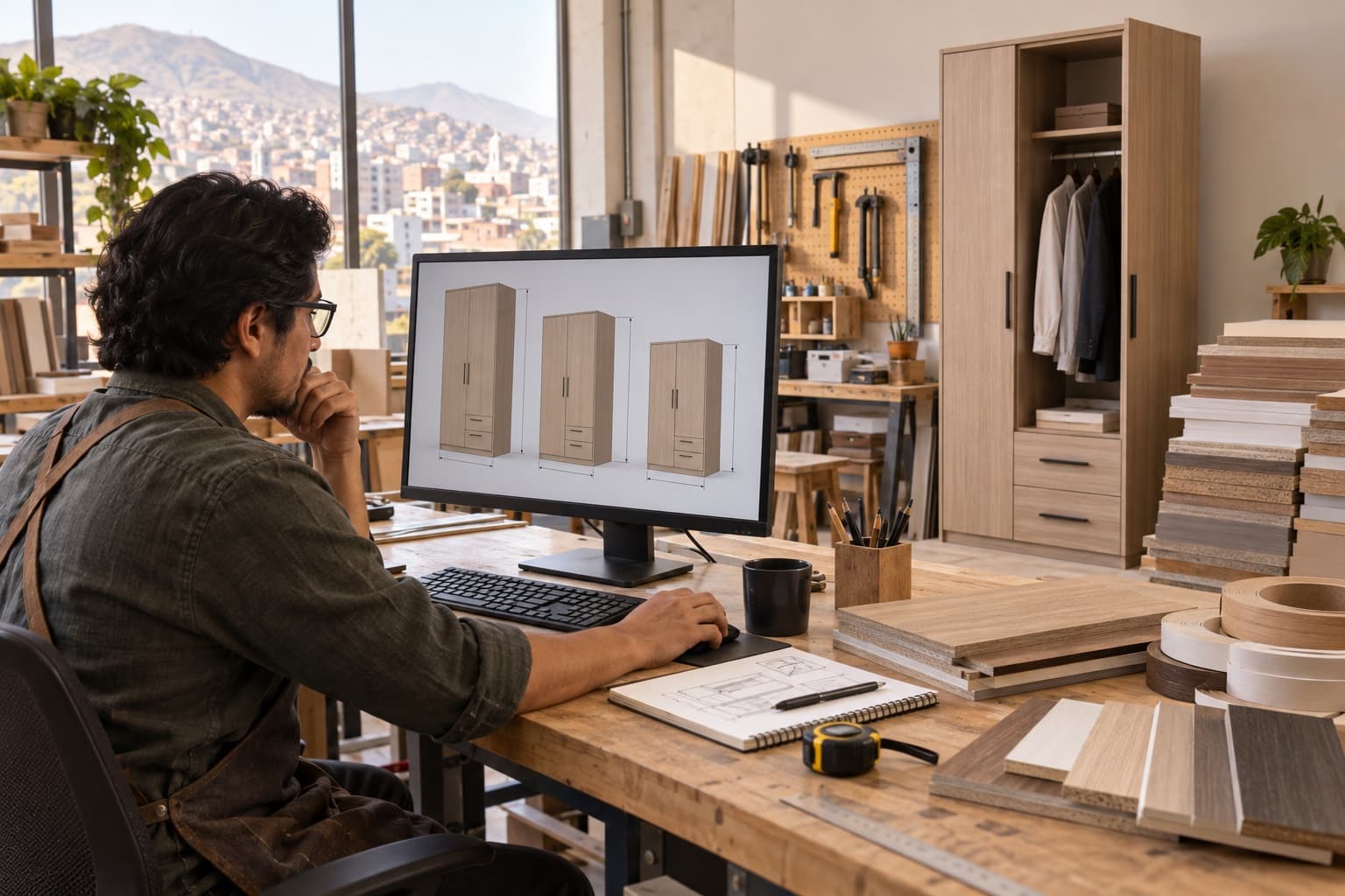 Diseñador de muebles en un taller de melamina comparando tres variantes de closet paramétrico en una pantalla