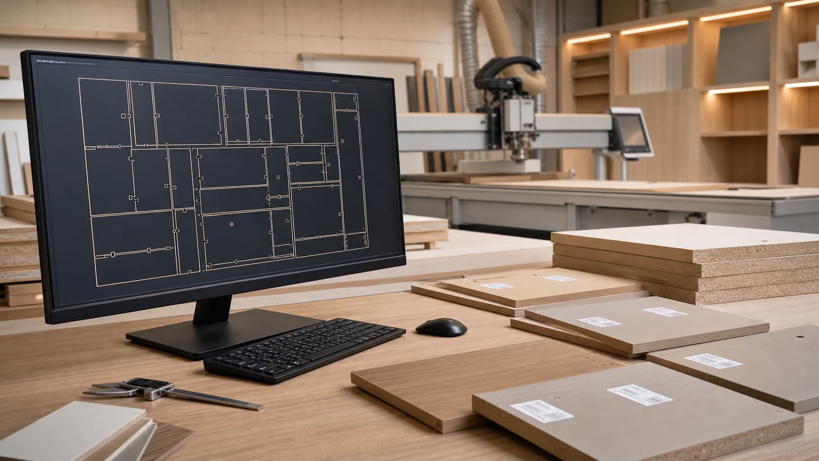 Taller peruano de melamina con monitor mostrando despiece DXF, etiquetas de piezas y router CNC listo para corte