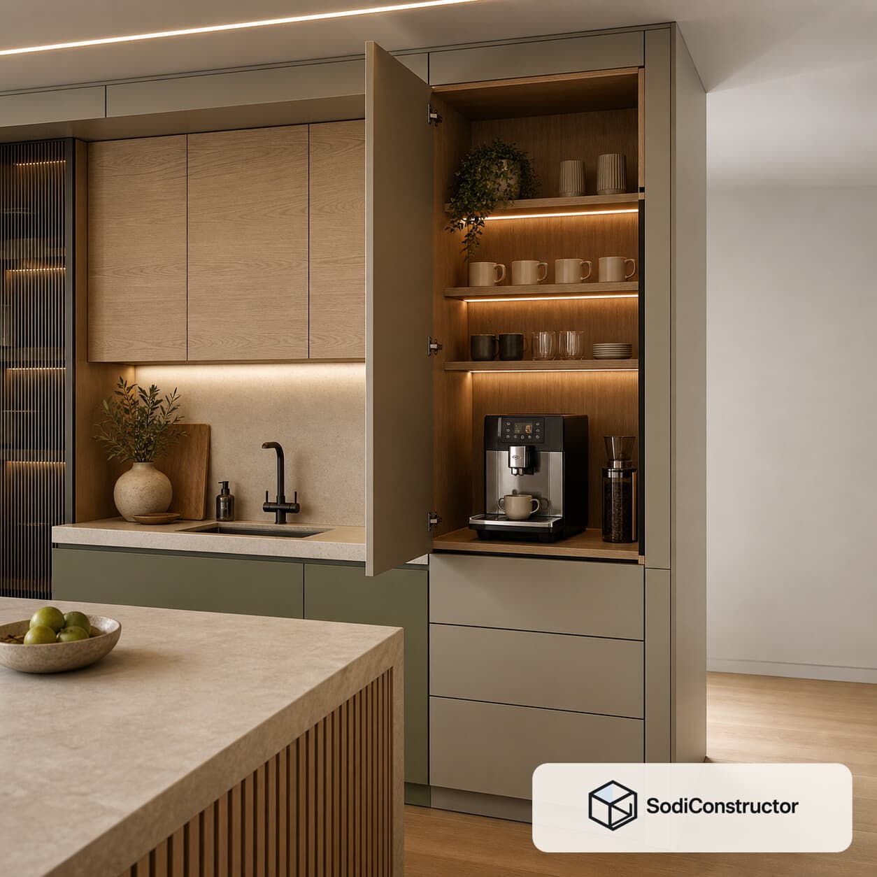 Estación de café oculta en mueble de melamina con puertas retráctiles y luz cálida