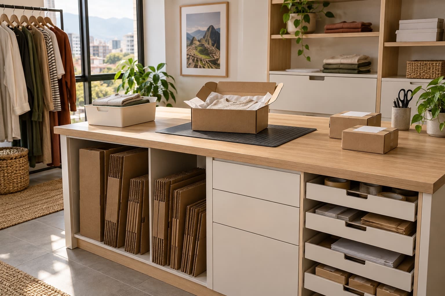 Mesa de empaque con cubierta despejada y almacenamiento diferenciado para cajas e insumos