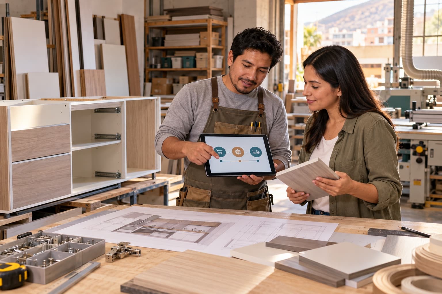 Dueño de taller y clienta revisando pagos por hitos para un mueble de melamina