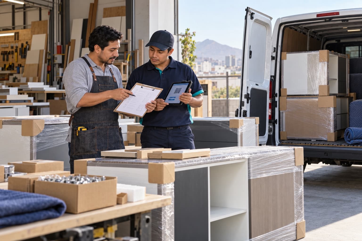 Dueño de taller y transportista verificando una carga protegida de muebles antes de salir