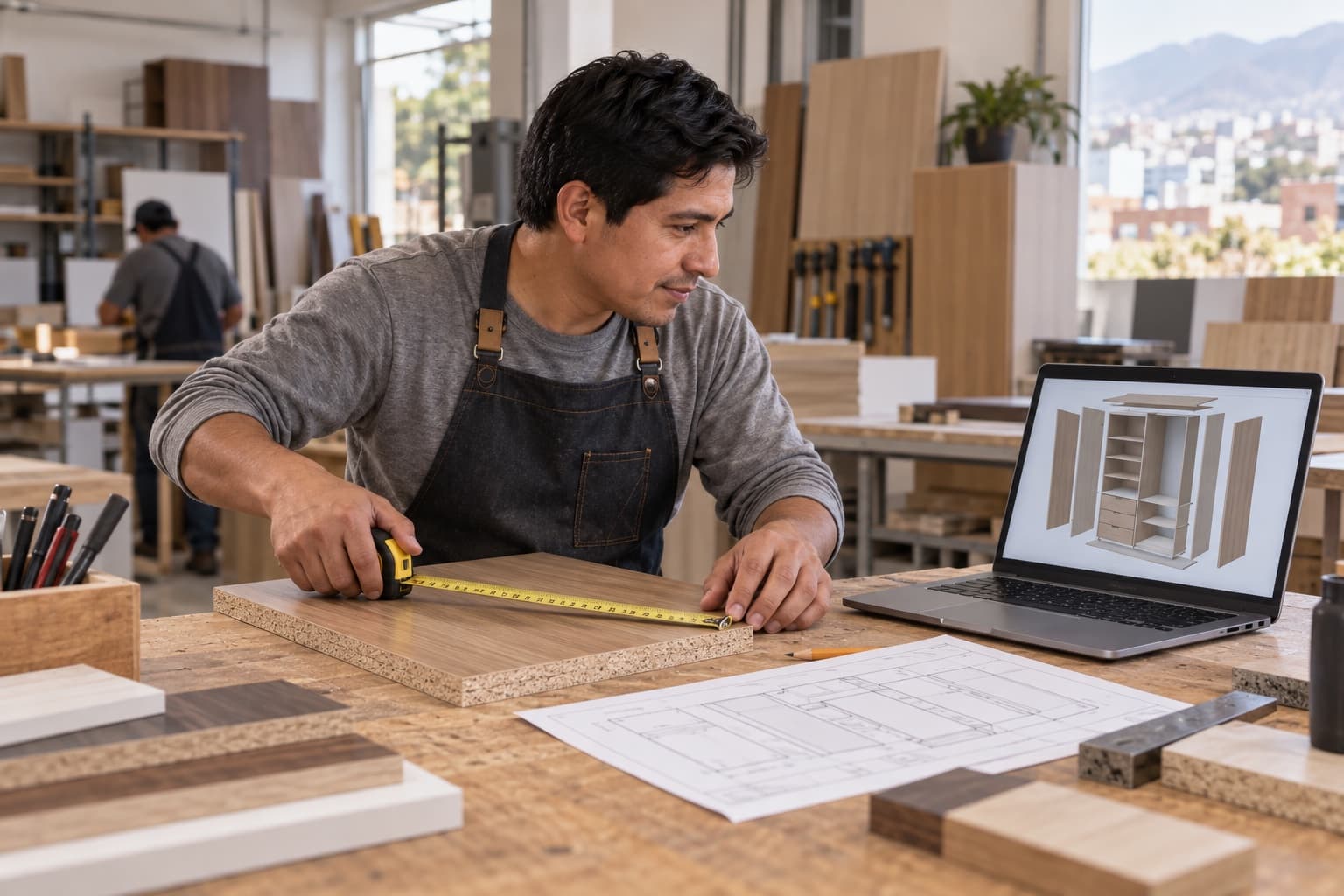 Profesional de muebles compara la medida física de un tablero con un modelo 3D en una laptop