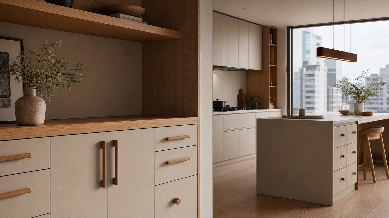 Cocina y mueble integrado de melamina en tonos greige y madera con jaladeras de madera tipo dowel como detalle protagonista