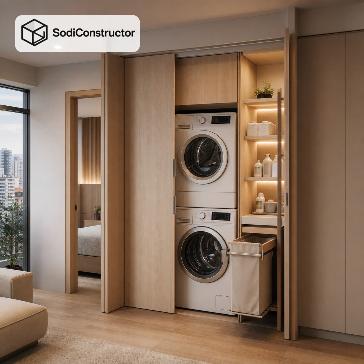 Lavandería oculta en mueble de melamina con torre de lavado y almacenamiento vertical