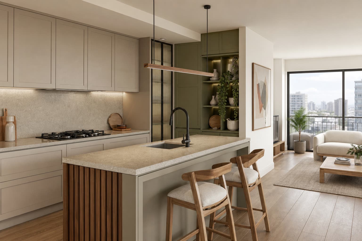 Cocina de melamina en Lima con frentes micro-shaker color greige, vitrina puntual y composición cálida contemporánea