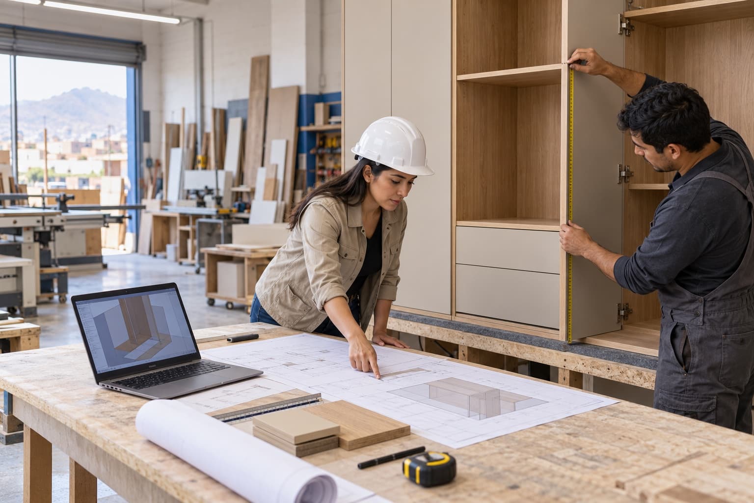 Arquitecta y fabricante coordinando un mueble de melamina entre el modelo digital, los planos y la medición real