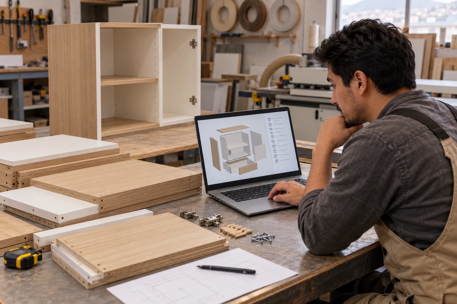 Diseñador de muebles revisando un modelo 3D modular junto a piezas de melamina en el taller