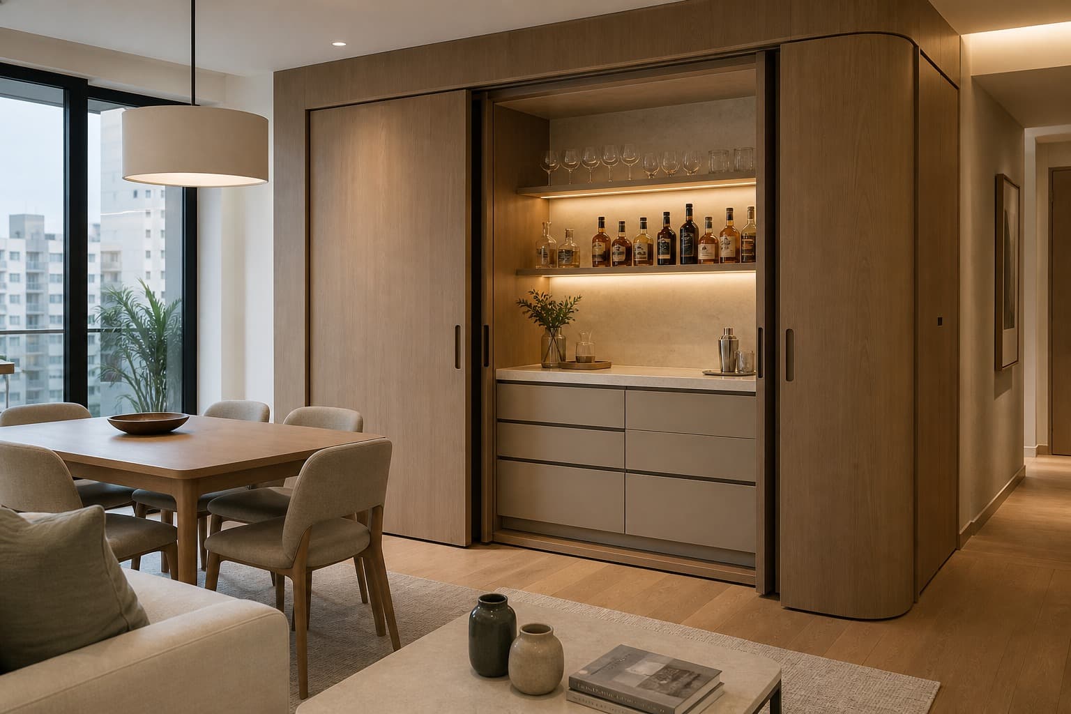 Sala-comedor moderna en Lima con mueble bar oculto de melamina, puertas pocket, iluminación cálida y acabados arena con roble
