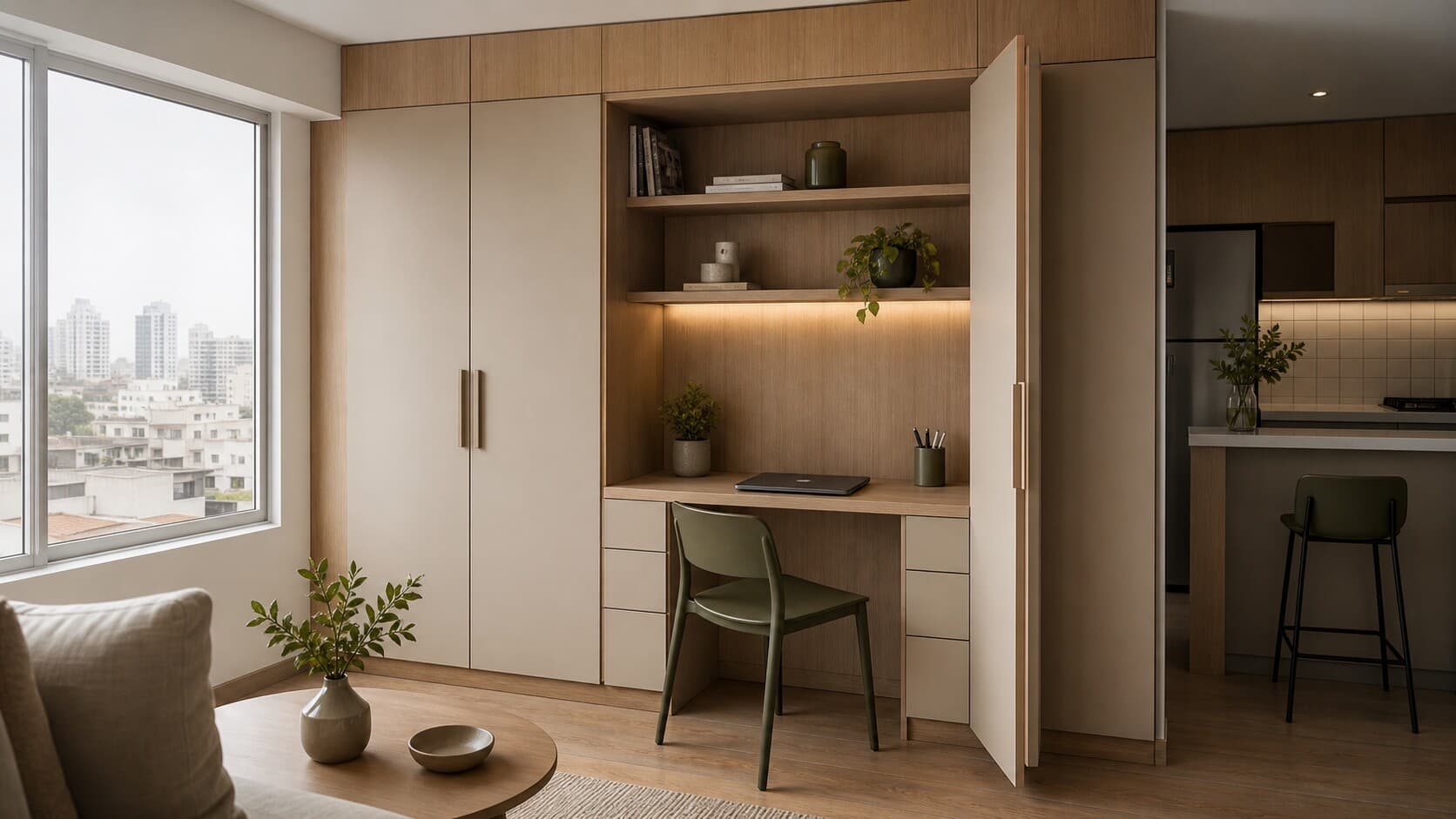 Departamento moderno en Lima con mueble híbrido de melamina, escritorio oculto integrado, repisas superiores y frentes lisos en tonos madera clara y arena