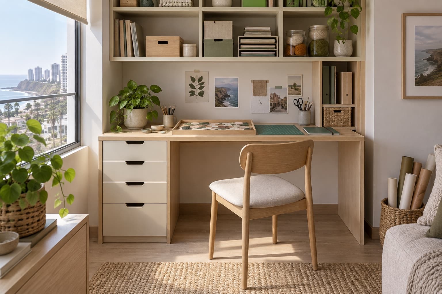 Mesa fija de melamina con espacio para silla, cajonera lateral y organizadores para materiales creativos