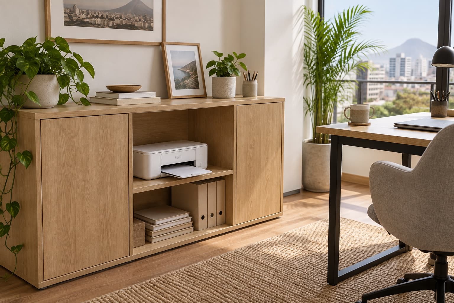Mueble auxiliar tipo roble con un nicho abierto para impresora junto a un escritorio