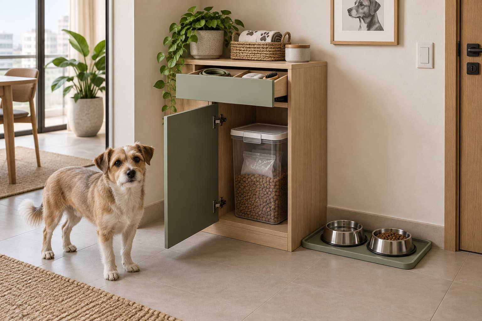 Gabinete compacto para accesorios de mascotas con recipiente removible y platos separados sobre piso cerámico