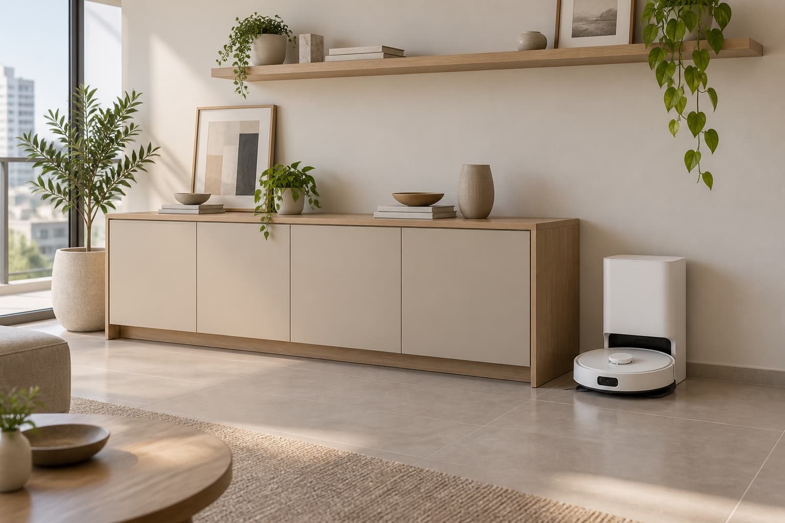 Aparador de melamina roble y beige con estación de robot aspirador ubicada a un lado, sobre piso cerámico