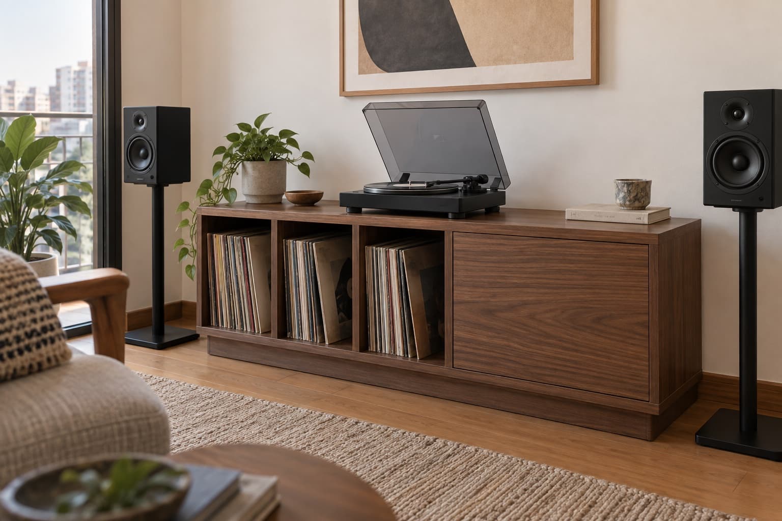 Mueble bajo de melamina efecto nogal con tornamesa, compartimentos para vinilos verticales y parlantes sobre soportes independientes