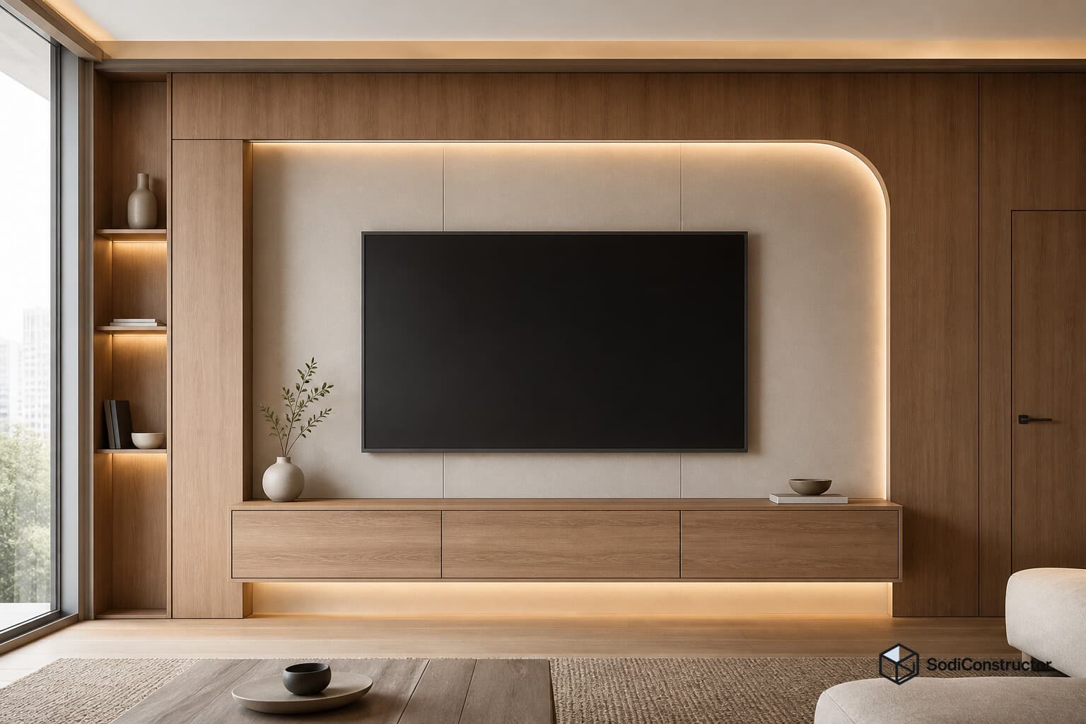 Sala moderna con mueble TV empotrado de melamina, curvas suaves y madera cálida