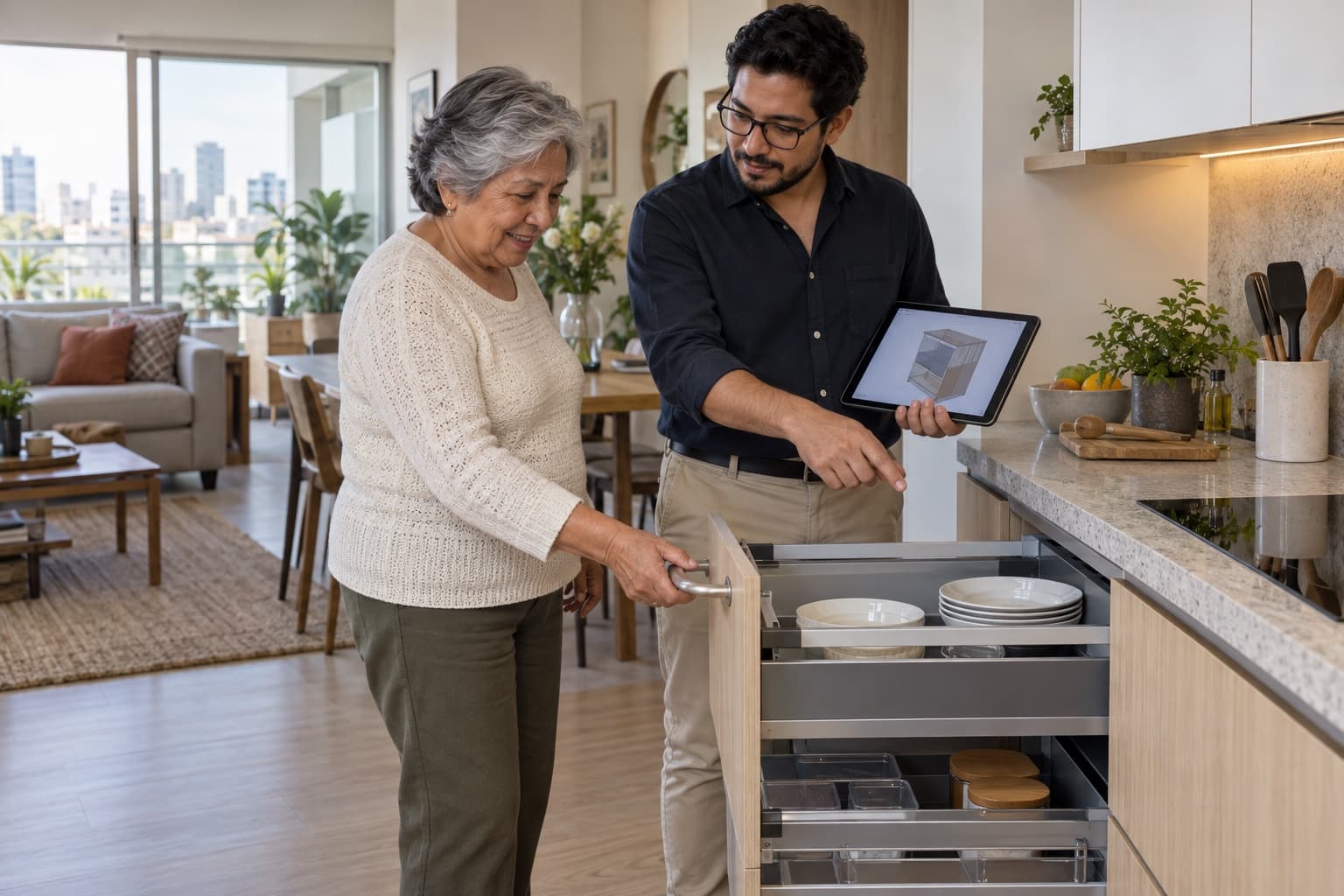 Mujer adulta mayor prueba un cajón de extracción total junto a un diseñador de muebles en una cocina peruana