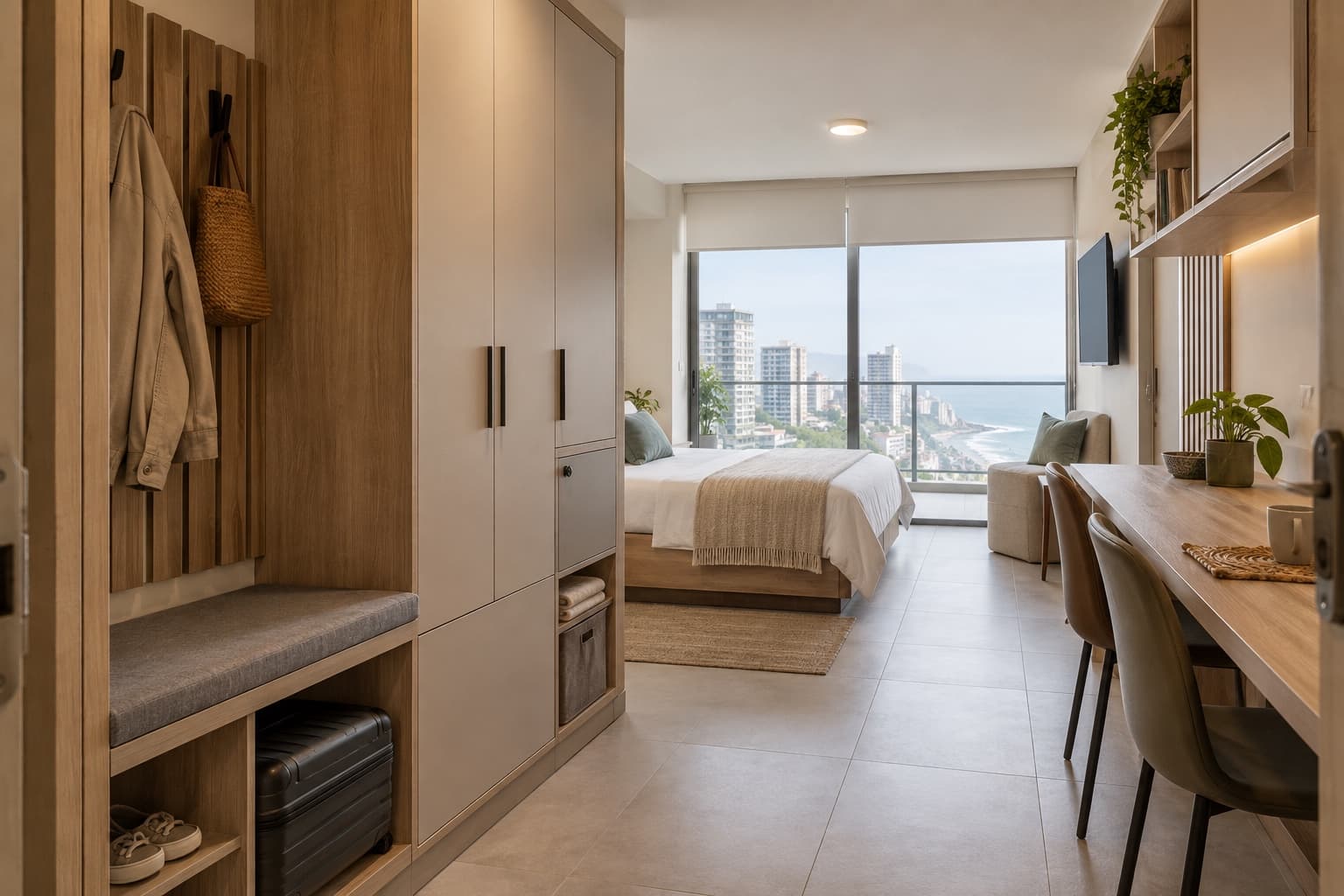 Departamento de alquiler temporal en Lima con muebles de melamina para equipaje, guardado y trabajo