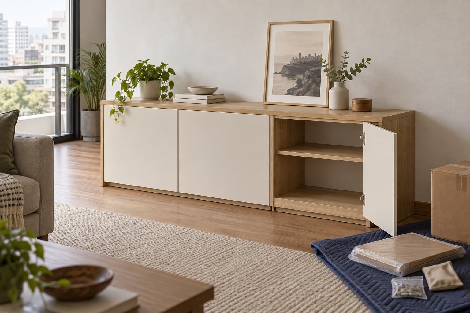 Mueble bajo de melamina roble formado por módulos separados junto a materiales de embalaje para una mudanza