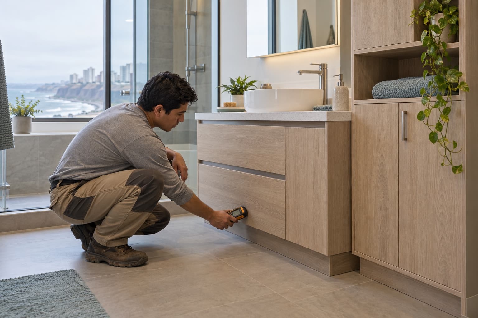 Especialista inspeccionando la base de un mueble de melamina en un baño de la costa peruana