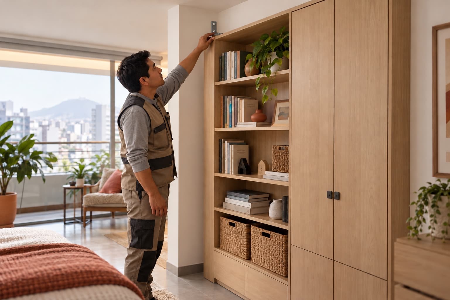 Instalador revisando el anclaje superior de un mueble alto de melamina en un departamento de Lima