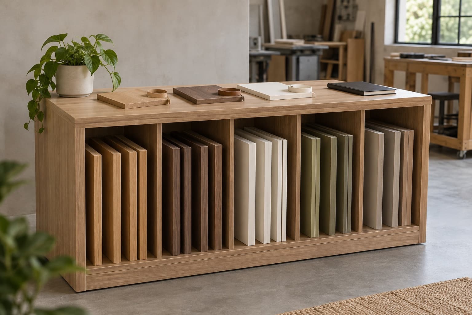 Mueble muestrario de melamina tipo roble con tableros de acabados ordenados verticalmente y muestras de tapacanto sobre la cubierta