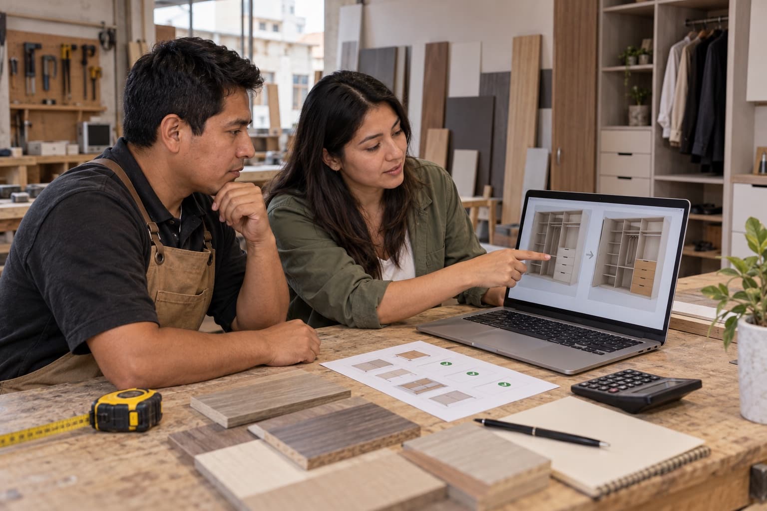 Carpintero y diseñadora revisando dos versiones de un closet de melamina antes de aprobar un cambio