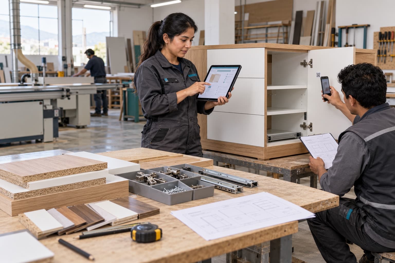 Profesionales de un taller de melamina vinculando materiales, planos y herrajes con el registro digital de un mueble