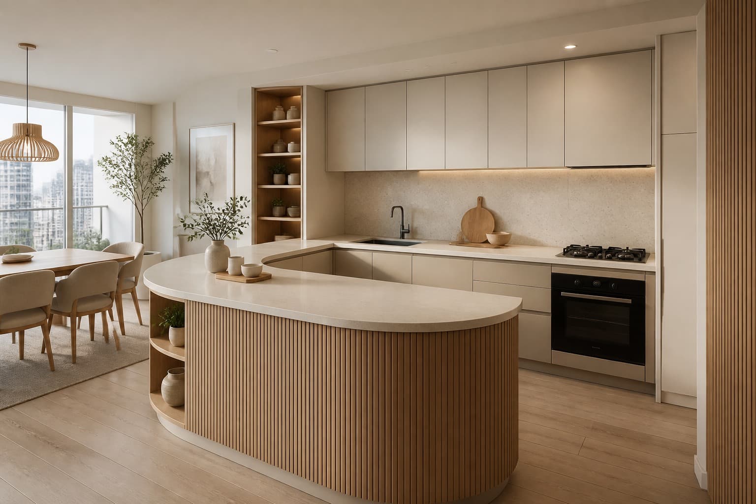 Cocina abierta en Lima con peninsula curva de melamina y MDF en tonos arena, cubierta clara y detalles de madera calida